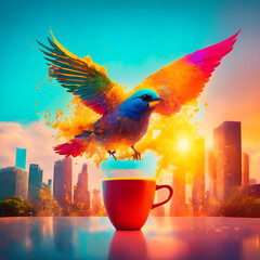 Creativity explosion. Colourful bird and a coffee cup. Generative AI