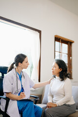 Psychology, depression. Suffering asian old woman, consulting with psychologist, psychiatrist while...