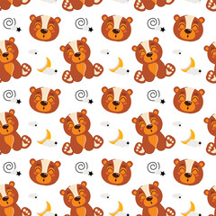 Cute kids seamless animal pattern. Drawing of a bear cub in the clouds. The concept of sleep. Printing on fabric, paper and design. Vector illustration