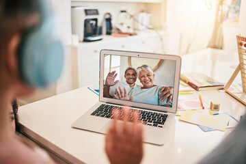 Video call, laptop screen and family wave hello for virtual communication of grandparents, mother and child at home. International, online discussion and happy, senior biracial people talking - Powered by Adobe