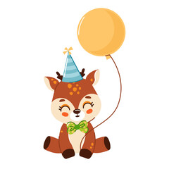 Vector children's animal character on a white background. Cute deer celebrating birthday. A collection for a children's birthday. Illustration for a greeting card to a child