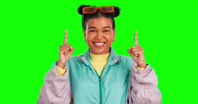 Green screen face, happy woman or pointing up at studio information, retro fashion mock up or discount promotion offer. Excited announcement, chroma key portrait and gen z female on mockup background