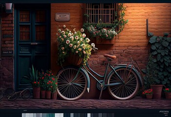 Obraz na płótnie Canvas a bicycle with a basket full of flowers parked on the side of a street next to a brick building with a flower box on the front of the bike. generative ai