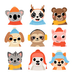 Obraz premium Cute wild and domestic animals set in winter clothes, including brown bear, polar bear, panda, koala, sloth, cat, dog, pig, fox. Cartoon kids illustration with hats and sweaters.