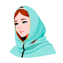 Beautiful blonde girl in a turquoise tiffany scarf.A very nice girl smiles and look askance.Tiffany Shawl. Emotion woman face. Portrait.Isolated vector illustration