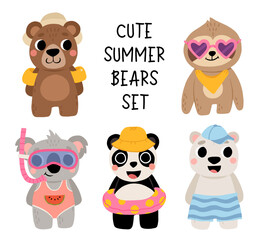 Cute summer bear set. Panda, koala, grizzly, polar, sloth. Kawaii cartoon character in sunglasses. Baby greeting card template. Notebook cover, tshirt.