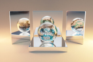 silver metal podium with glas crystal sphere ball on infinite background; pedestal for beauty, cosmetic product presentation. copy space template, 3D Illustration