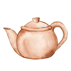 Watercolor tea pot with hand drawn sketch isloated on white background