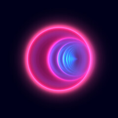 Abstract fractal art background representing electromagnetic waves or a neon tunnel. Glowing circles, infinitely repeating pattern.