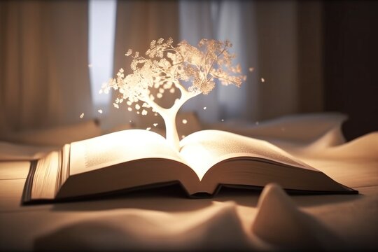 An open Bible with the tree of life in the middle of the book Generative AI Illustration