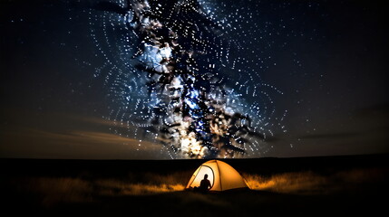 Starry Night Adventure: A Breathtaking View of the Night Sky from a Prairie, with a Silhouette in the Foreground for Scale. generative ai
