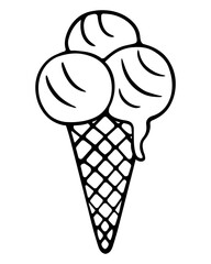 Eskimo. Three scoops of melting ice cream in a crispy waffle cone. Sketch. Vector illustration. Outline on isolated background. Doodle style. Sweet refreshing dessert. Summer mood. Idea for menu
