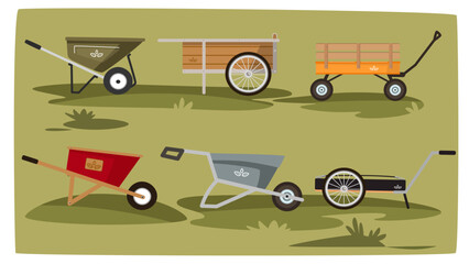 Vector illustration of garden van on green grass background. Farm cart set. Vector illustration set icon equipment of garden wagon.. © Лиля Зайдуллина
