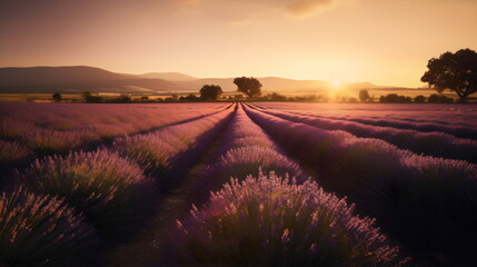 Lavender Serenity: Capturing the Tranquil Beauty of a Lavender Field at Sunset with Rows of Purple Flowers in Full Bloom, Bathed in the Warm Golden Light of the Setting Sun. generative ai