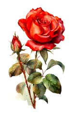 Beautiful bright scarlet rose flower. Watercolor red rose isolated on white background. Generative AI.