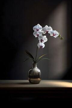 An art piece showcasing a very beautiful orchid flower and a vase of orchid flowers on the table with a 4 aspect ratio and rendered,8k