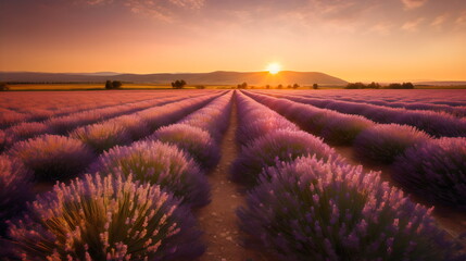 Fototapeta na wymiar Lavender Serenity: Capturing the Tranquil Beauty of a Lavender Field at Sunset with Rows of Purple Flowers in Full Bloom, Bathed in the Warm Golden Light of the Setting Sun. generative ai