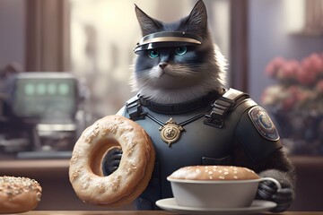 Fat police cat in cafe
