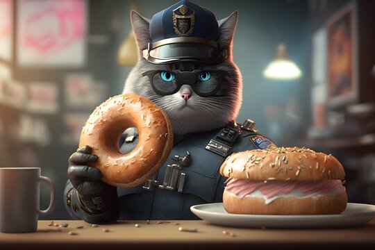 Fat policeman cat eats donut 