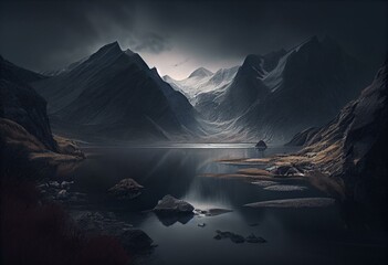 Fototapeta na wymiar Illustration of a beautiful moody mountainous landscape in grey colors. Generative AI