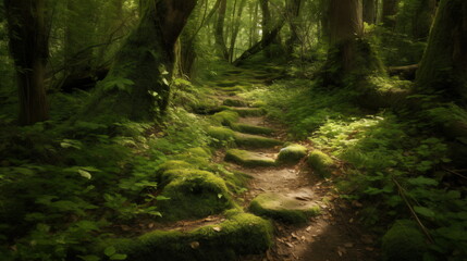 Fototapeta premium Enchanted Forest Trail Serene Path Through a Mystical Forest, Towering Trees Laden with Moss, Immortalized in Captivating Detail to Bring Nature's Magic into Your Home or Office. Generative AI