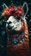 Alpaca In Realistic Photography Style In Colorful Tropical Jungle Detailed Portrait Front Lock Generative Ai Digital Illustration Part#140423