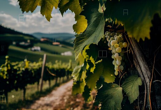 Vines in a vineyard with white wine grapes in summer, hilly agricultural landscape near winery at wine road, Styria Austria. Generative AI
