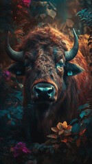 Bison In Realistic Photography Style In Colorful Tropical Jungle Detailed Portrait Front Lock Generative Ai Digital Illustration Part#140423
