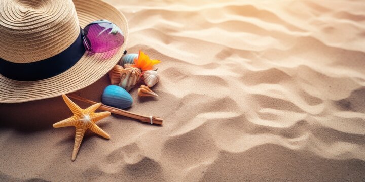 Straw hat, sunglasses, starfish and seashells on the beach sand. Generative AI