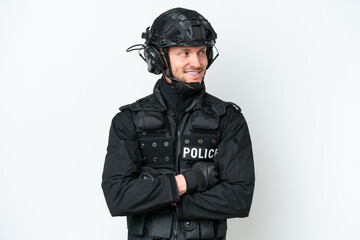 SWAT man over isolated white background looking side