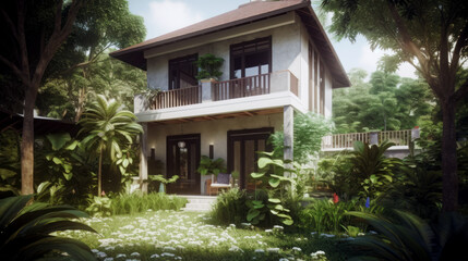Fototapeta premium Modern house in the garden with sunlight and lens flare filter effect. Generative AI