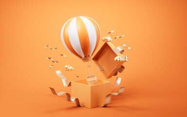 Hot air balloon and gift box, 3d rendering.
