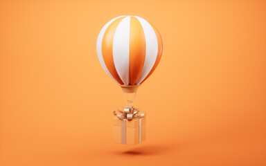 Hot air balloon and gift box, 3d rendering.