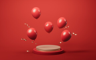 Balloons and stage, 3d rendering.