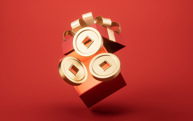 Opening gift box and golden coins, 3d rendering.