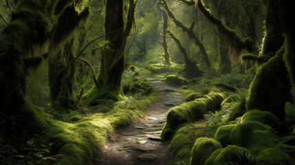 Enchanted Forest Trail Serene Path Through a Mystical Forest, Towering Trees Laden with Moss, Immortalized in Captivating Detail to Bring Nature's Magic into Your Home or Office. Generative AI