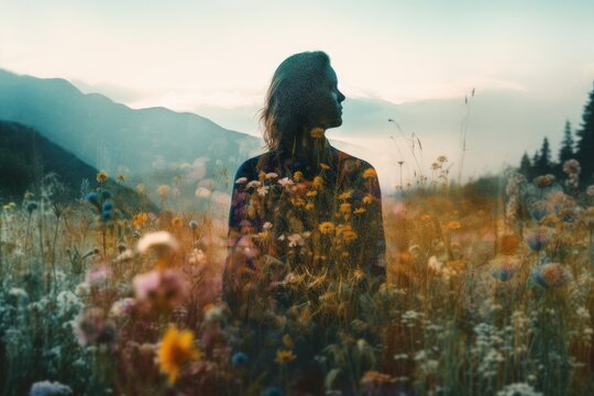 double exposure image of a person standing in a field of flowers, with a scenic landscape view overlaid in the background - ai generated