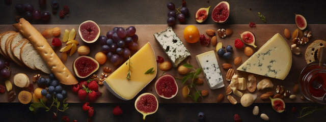 Luxurious cheese board adorned with ripe fruits, nuts, and bread, ideal for epicurean displays and sophisticated dining settings.