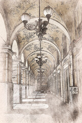 Watercolor of arcades with columns and arches