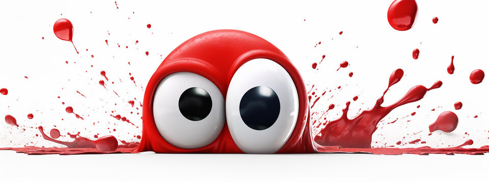A curious red character peeks out, its large eyes accentuated by splashes of red, creating a vivid and engaging image.