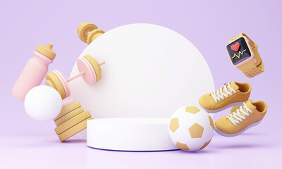 illustration smart watch. sport fitness equipment, podium product stand, yoga mat, bottle of water, dumbbells, weights, with Fitness shoes and isolate on pastel background. 3d rendering Be Healthy.