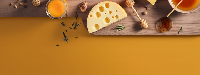 Honey and cheese pairings on a yellow backdrop, a delightful contrast of flavors and textures.