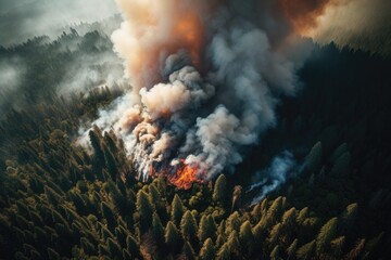 Aerial view of a wildfire raging through a forest, with thick plumes of smoke rising into the sky.  Sense of danger and destruction 