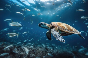 Obraz premium An underwater shot of a sea turtle swimming through a school of fish, with plastic debris floating in the water. Environmental damage and urgency concept