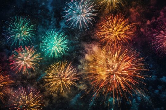 An abstract image of colorful fireworks exploding in the sky, with vibrant hues and textures - illustration