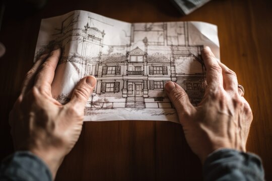 photo of hands holding a rough sketch of a home - house blueprint design