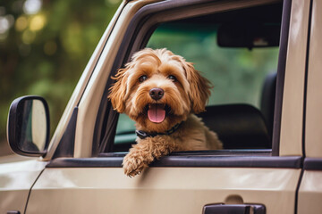 cute dog at car door with tongue sticking out