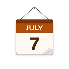 July 7, Calendar icon with shadow. Day, month. Meeting appointment time. Event schedule date. Flat vector illustration.