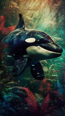 Orca In Realistic Photography Style In Colorful Tropical Jungle Detailed Portrait Front Lock Generative Ai Digital Illustration Part#140423