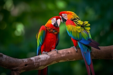 Fototapeta na wymiar a pair of beautiful birds on a tree branch